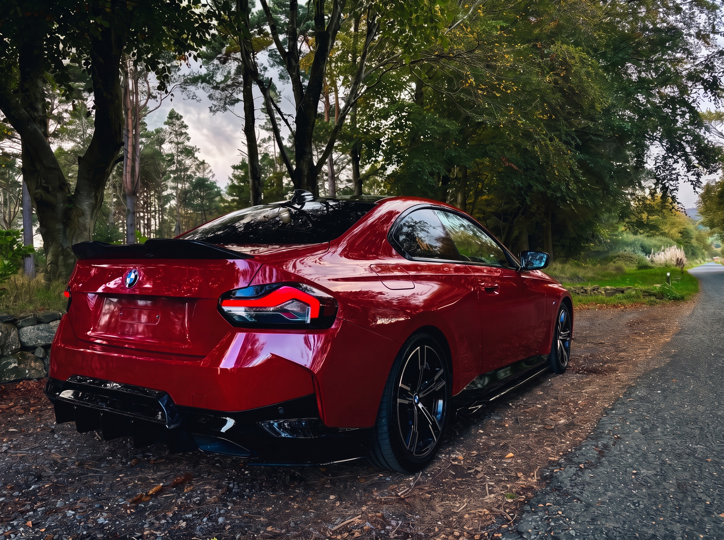 Red BMW 2 Series coupe with rear spoiler and diffuser